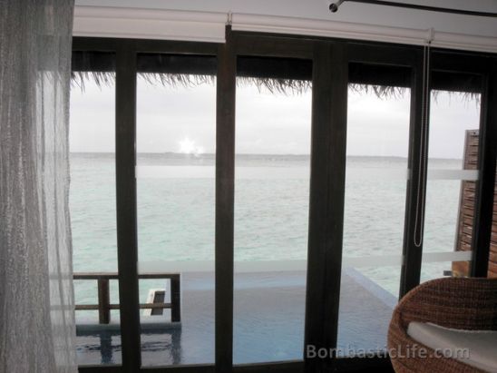 View from the living room of our Water Villa with Pool at Velassaru Resort Maldives.  The sliding doors do not open.