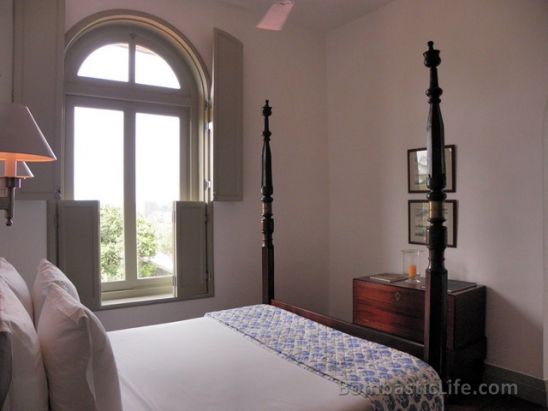 Bedroom of our suite at Amangalla Resort in Galle, Sri Lanka.