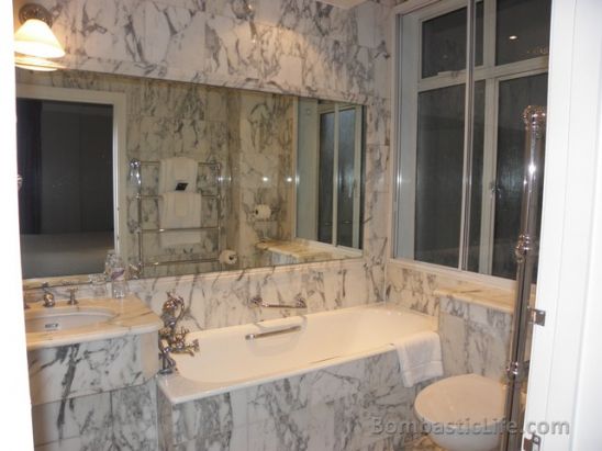 Bathroom of an executive room at the Sheraton Park Lane Hotel in London.  