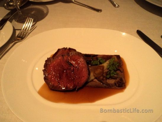Fillet of Casterbridge beef with braised ox tongue and ale sauce at Petrus in London.