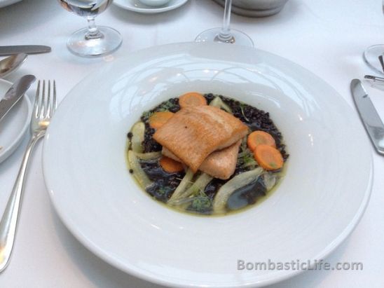 Seared rainbow trout with carrots, fennel and kohlrabi in a manila clam saffron broth with beluga lentils
