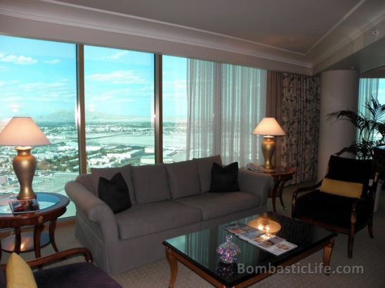 Living Room of our 180-Degree Strip-View Suite at the Four Seasons Las Vegas 