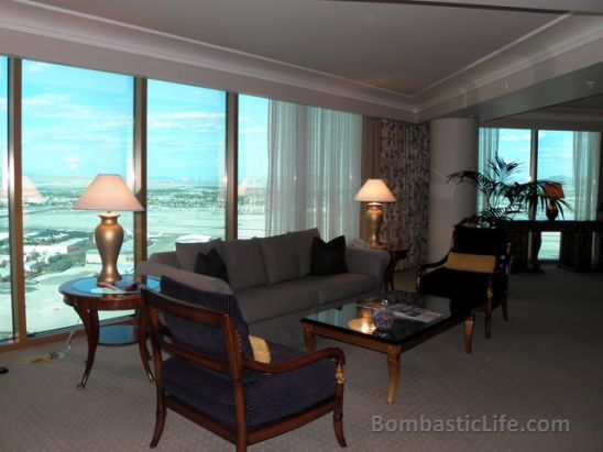Living Room of our 180-Degree Strip-View Suite at the Four Seasons Las Vegas 