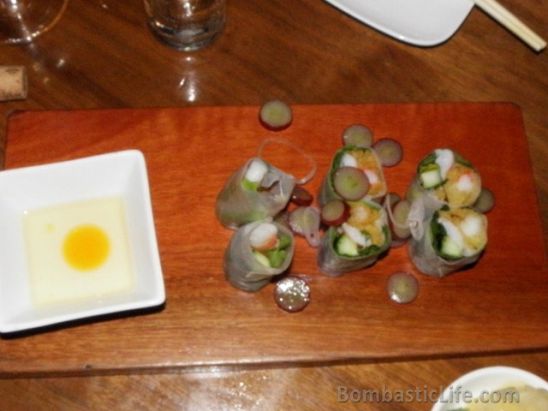 Biendo – tempura shrimp spring roll with spicy vinaigrette and grapes at Uchi